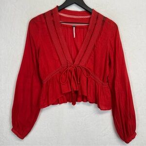 Free People Women Small Red Peplum Blouse with Tie Front Peasant Boho Sheer